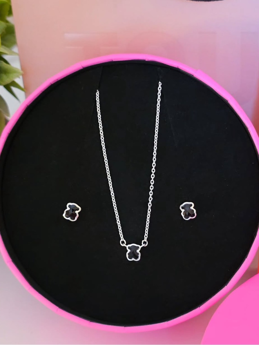 Tous mini mini Silver Onyx Teddy Necklace & Stud Earring Set new